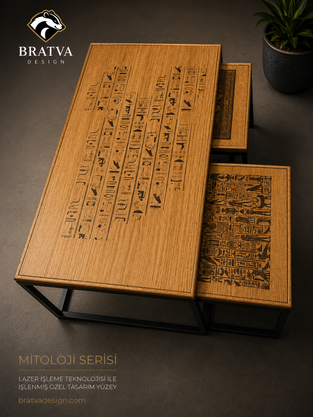 Bratva Design Pharaoh Premium – Lazer İşlemeli Antik Mısır Temalı Zigon Sehpa Takımı