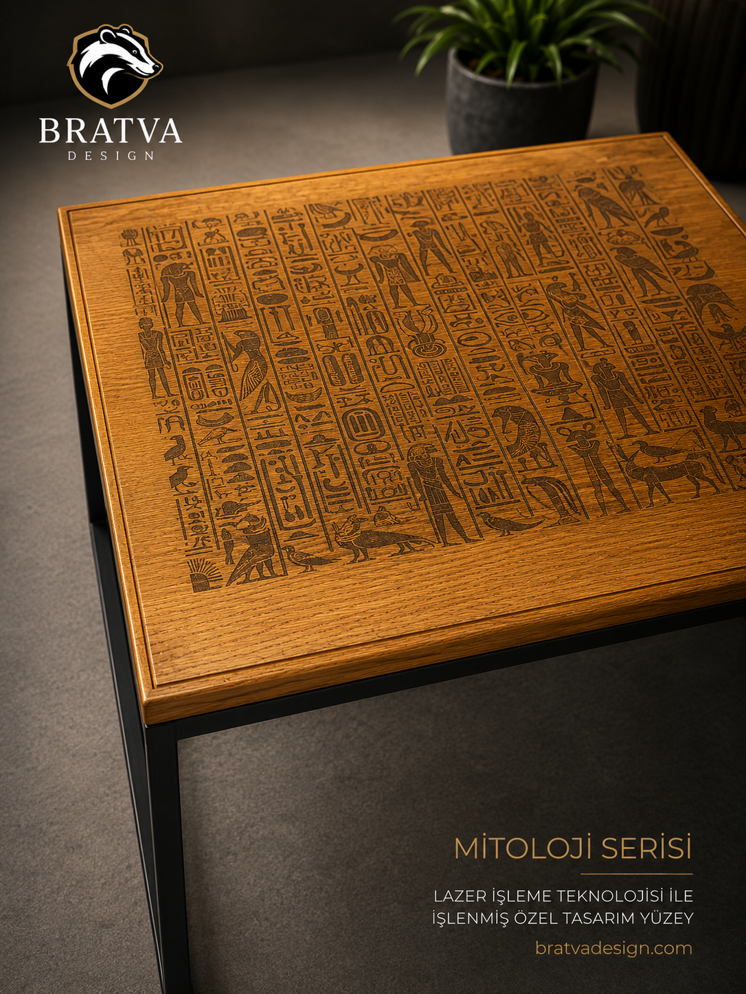 Bratva Design Pharaoh Premium – Lazer İşlemeli Antik Mısır Temalı Zigon Sehpa Takımı