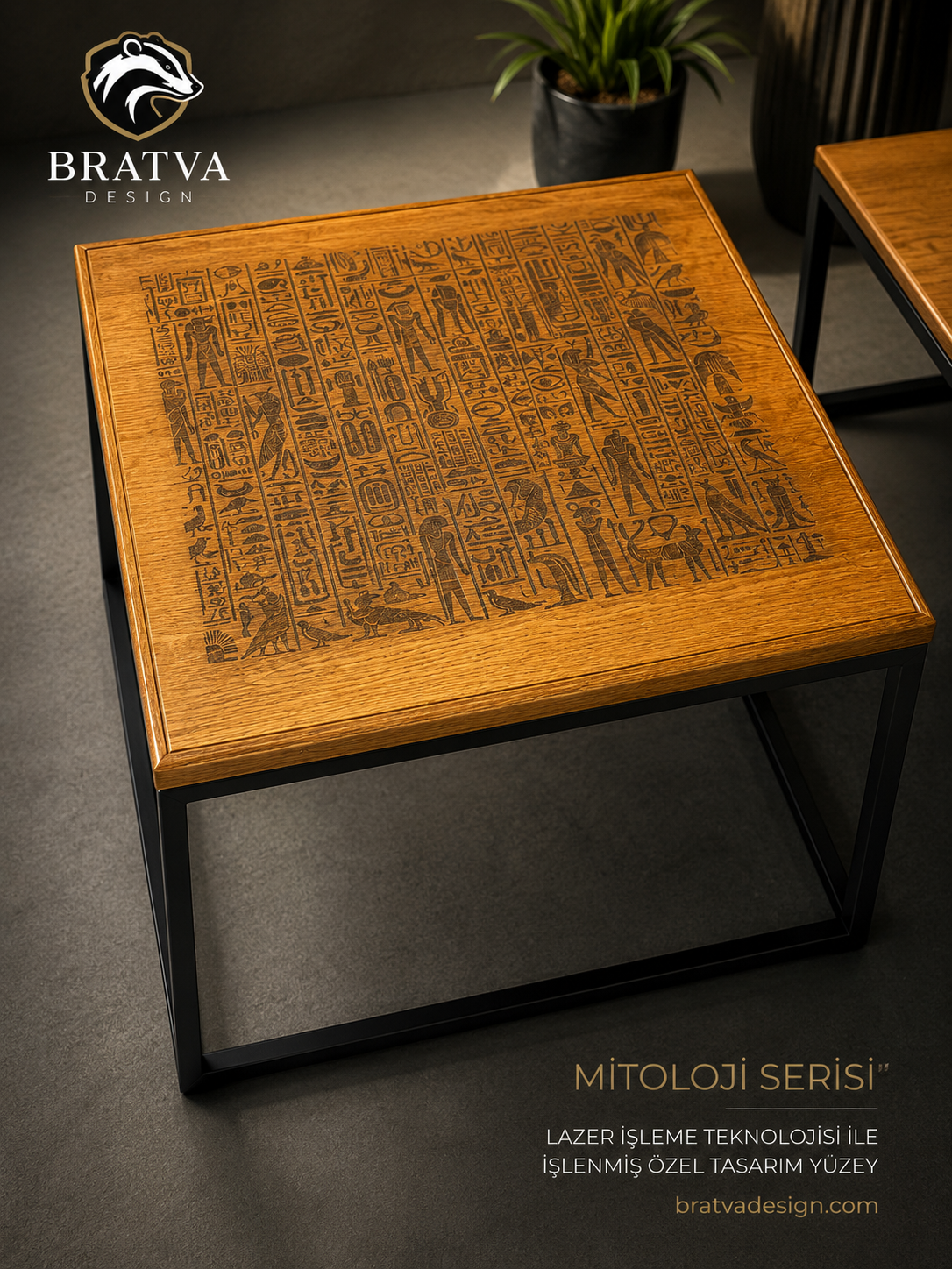 Bratva Design Pharaoh Premium – Lazer İşlemeli Antik Mısır Temalı Zigon Sehpa Takımı