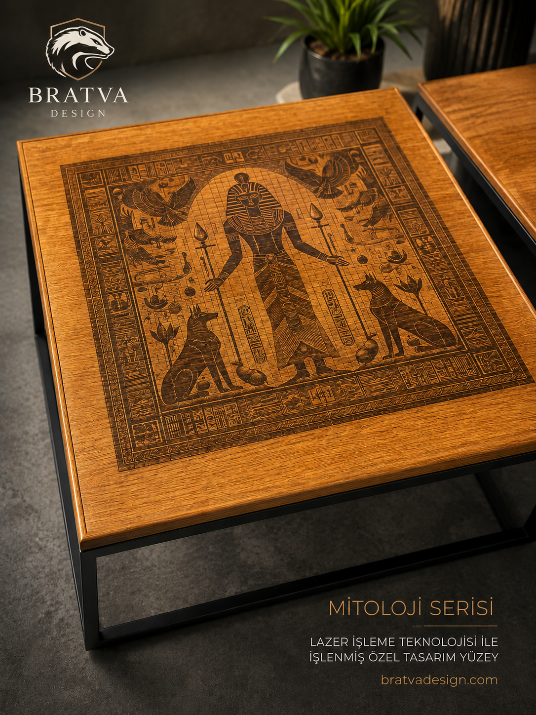 Bratva Design Pharaoh Premium – Lazer İşlemeli Antik Mısır Temalı Zigon Sehpa Takımı